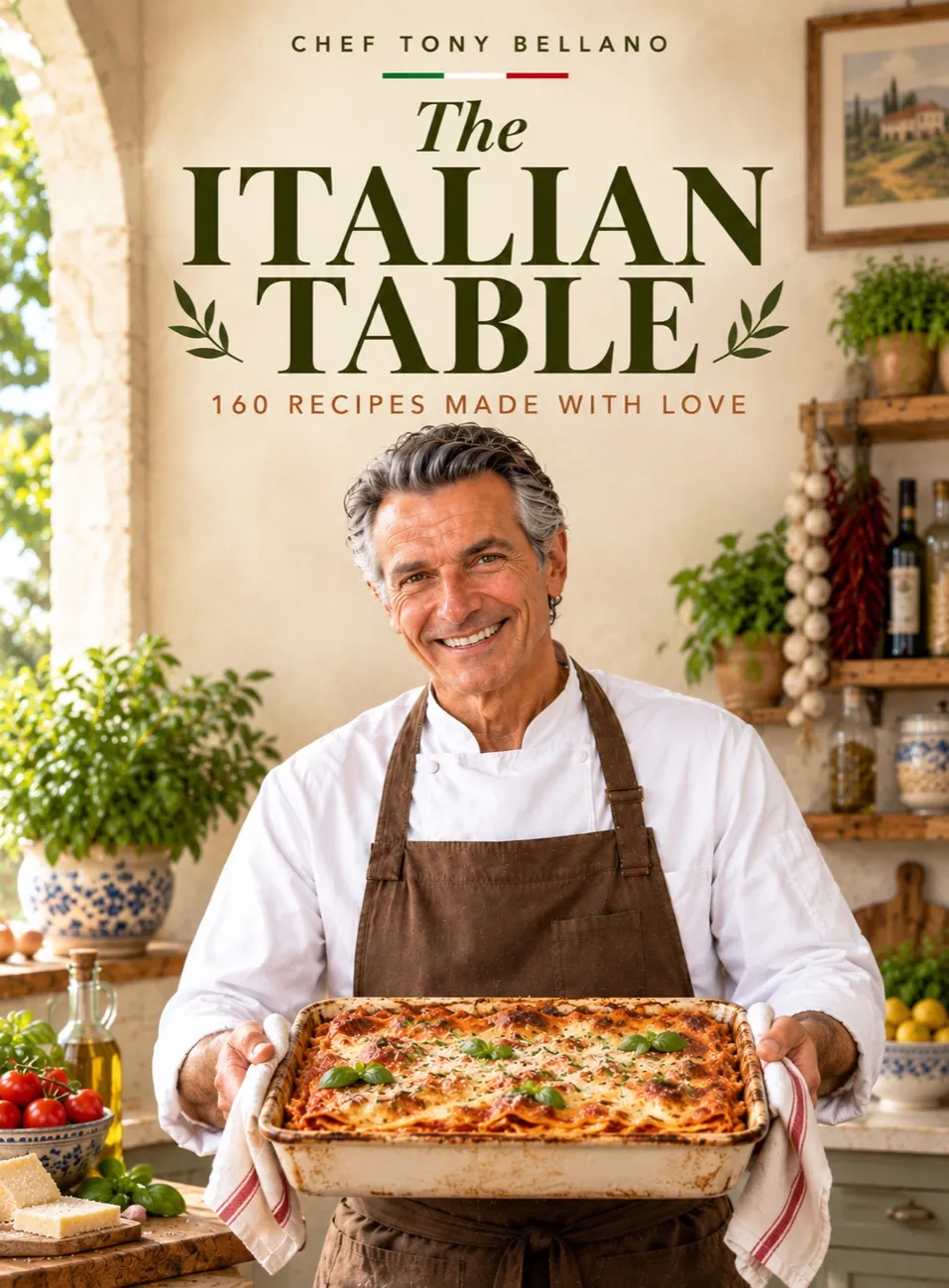 The Italian Table cover: Chef Tony Bellano holding a tray of lasagna in a warm Italian kitchen